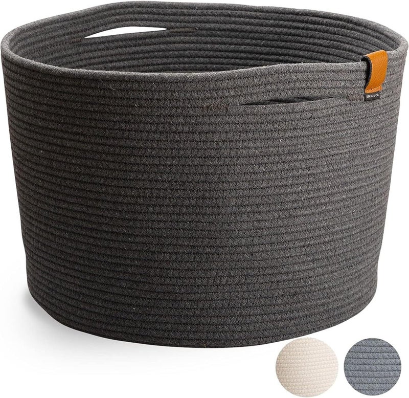 DENJA & CO Extra Large Blanket Basket for Living Room - Decorative Woven Baskets for Storage | Cotton Rope Large Baskets for Blankets, Pillows, Toys, or Laundry | Charcoal Gray (21" x 13.8") - Image 1